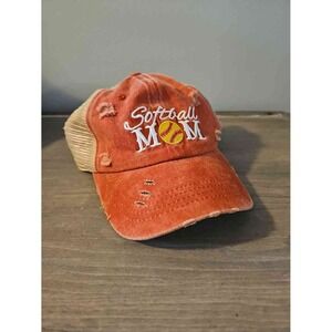 Softball Mom Distressed Trucker Hat Cap Adjustable Orange Beige Mesh Back